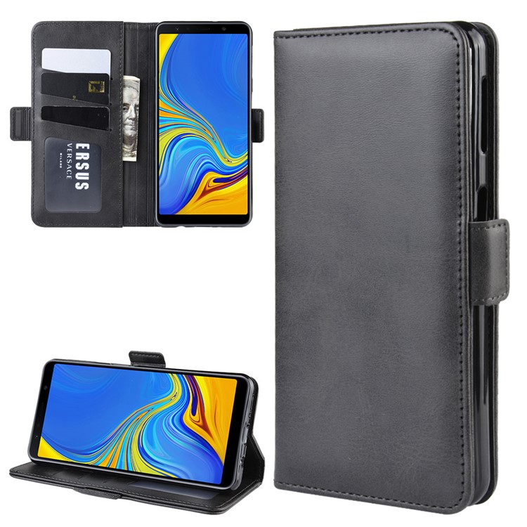 Leather Wallet Stand Cell Phone Protective Case Shell for Samsung Galaxy A7 (2018) - Black-2