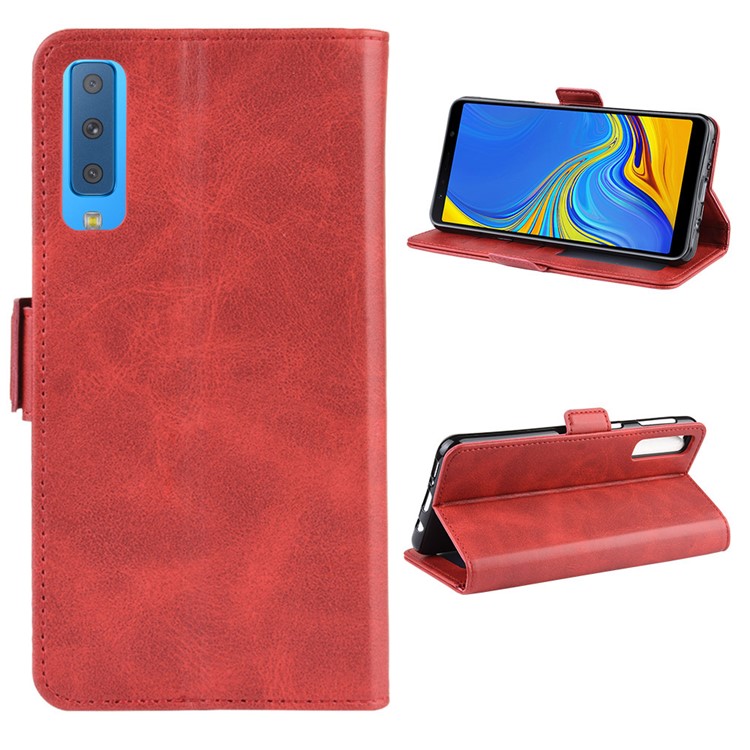 Leather Wallet Stand Cell Phone Protective Case Shell for Samsung Galaxy A7 (2018) - Red-1