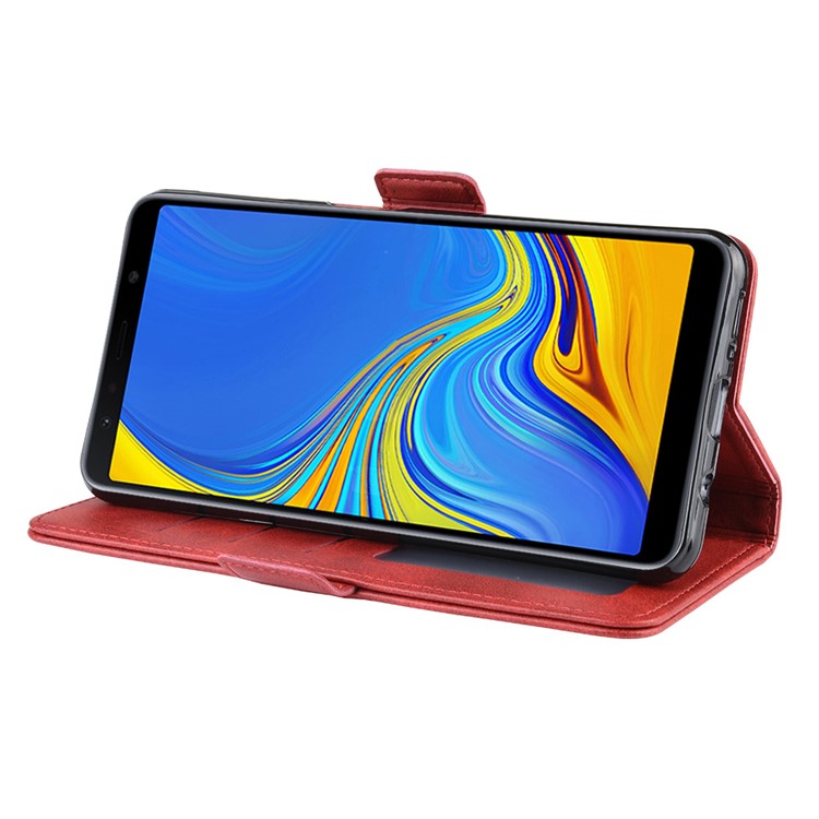 Leather Wallet Stand Cell Phone Protective Case Shell for Samsung Galaxy A7 (2018) - Red-6