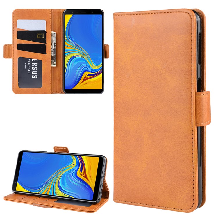Leather Wallet Stand Cell Phone Protective Case Shell for Samsung Galaxy A7 (2018) - Light Brown-2