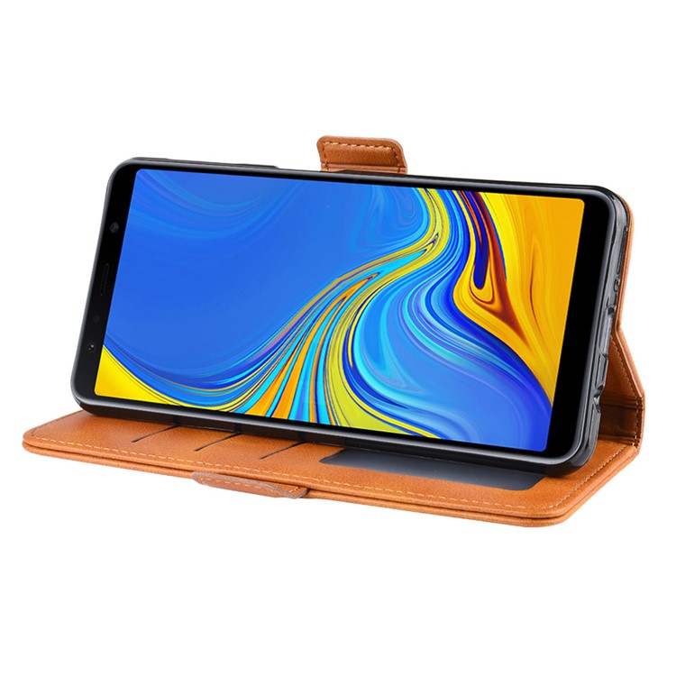 Leather Wallet Stand Cell Phone Protective Case Shell for Samsung Galaxy A7 (2018) - Light Brown-6