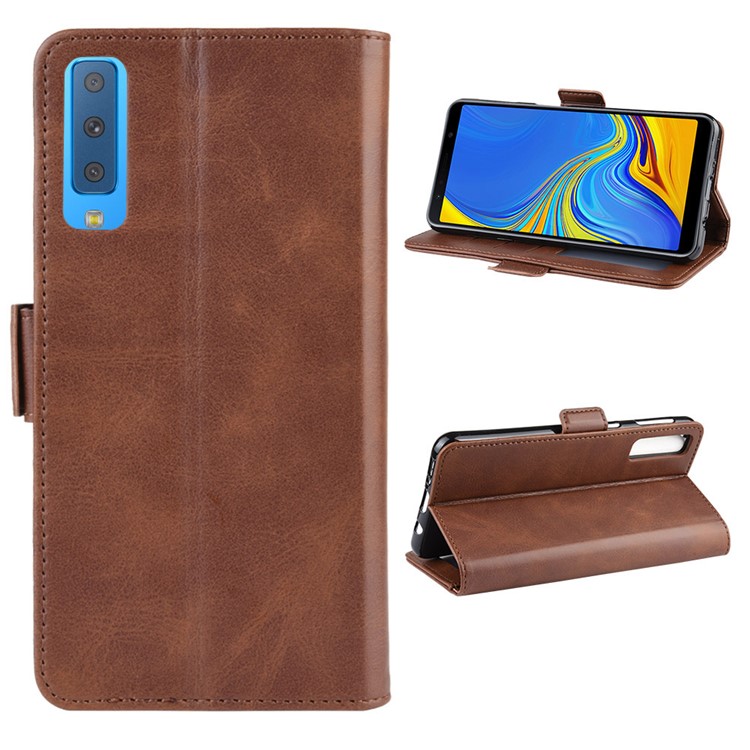 Leather Wallet Stand Cell Phone Protective Case Shell for Samsung Galaxy A7 (2018) - Dark Brown-1