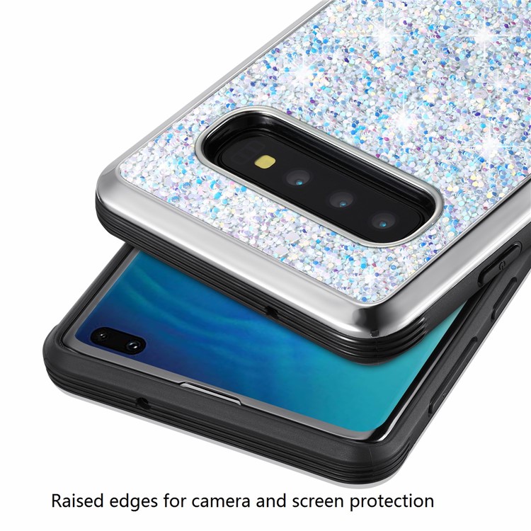 Glittery Sequins Detachable 2-in-1 Electroplating PC+ Soft TPU Hybrid Back Shell for Samsung Galaxy S10 Plus - Silver-5