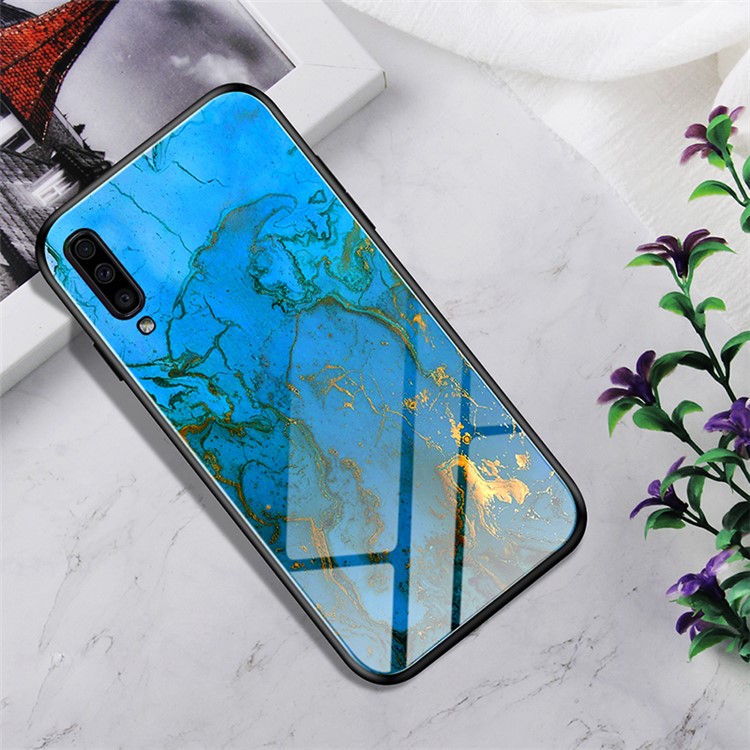 Gradient Color Tempered Glass + PC + TPU Hybrid Back Case for Samsung Galaxy A70 - Blue/Gold-1