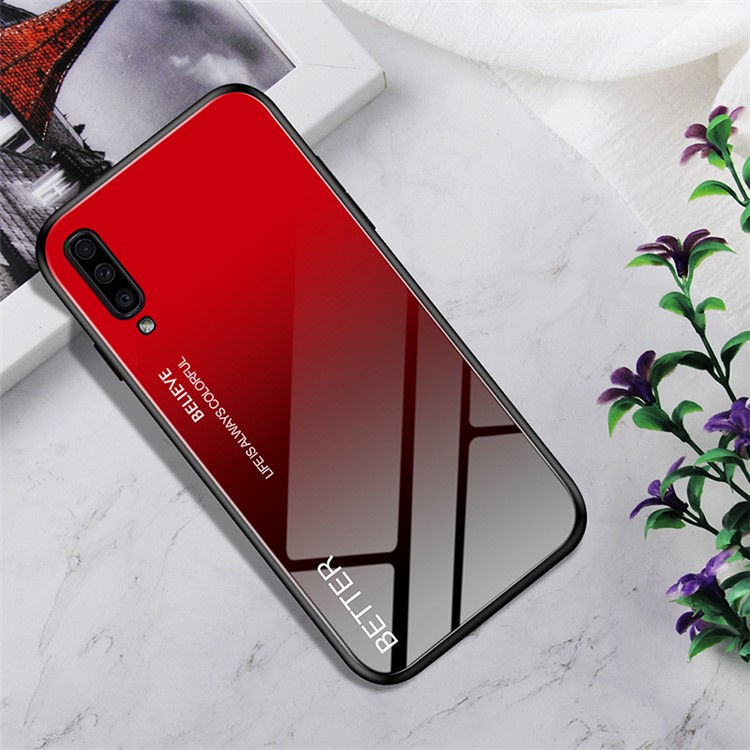 Gradient Color Tempered Glass + PC + TPU Hybrid Back Case for Samsung Galaxy A70 - Red/Black-1