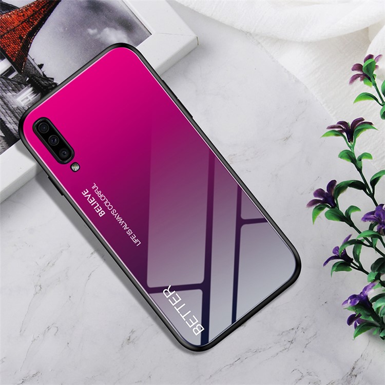 Gradient Color Tempered Glass + PC + TPU Hybrid Back Case for Samsung Galaxy A70 - Rose/Black-1