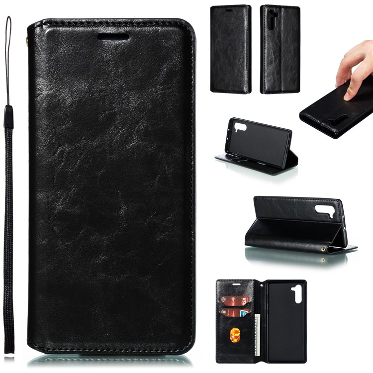 Auto-absorbido Caballo Loco Textura PU Cuero Soporte Caso Para Samsung Galaxy Note 10 - Negro-1