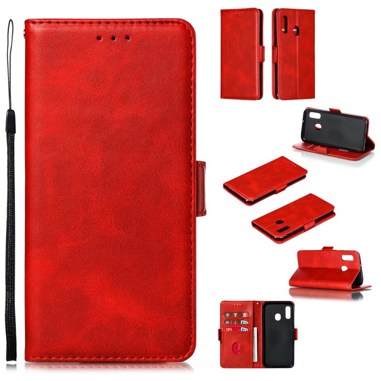 PU Leather Wallet Stand Flip Phone Case Cover for Samsung Galaxy A20e - Red-1