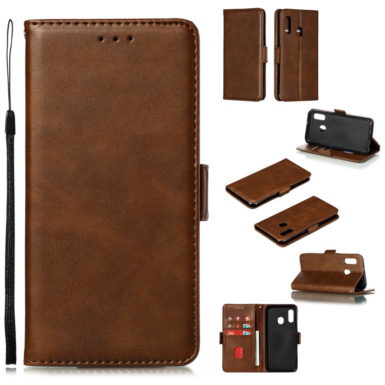 PU Leather Wallet Stand Flip Phone Case Cover for Samsung Galaxy A20e - Coffee-1