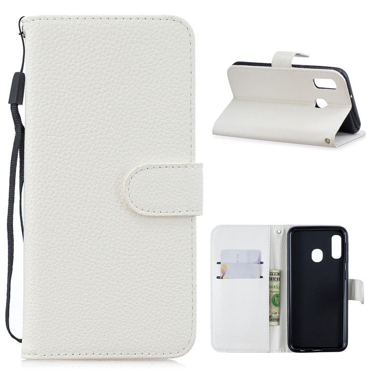 Litchi Skin Wallet Leather Stand Case for Samsung Galaxy A40 - White-1