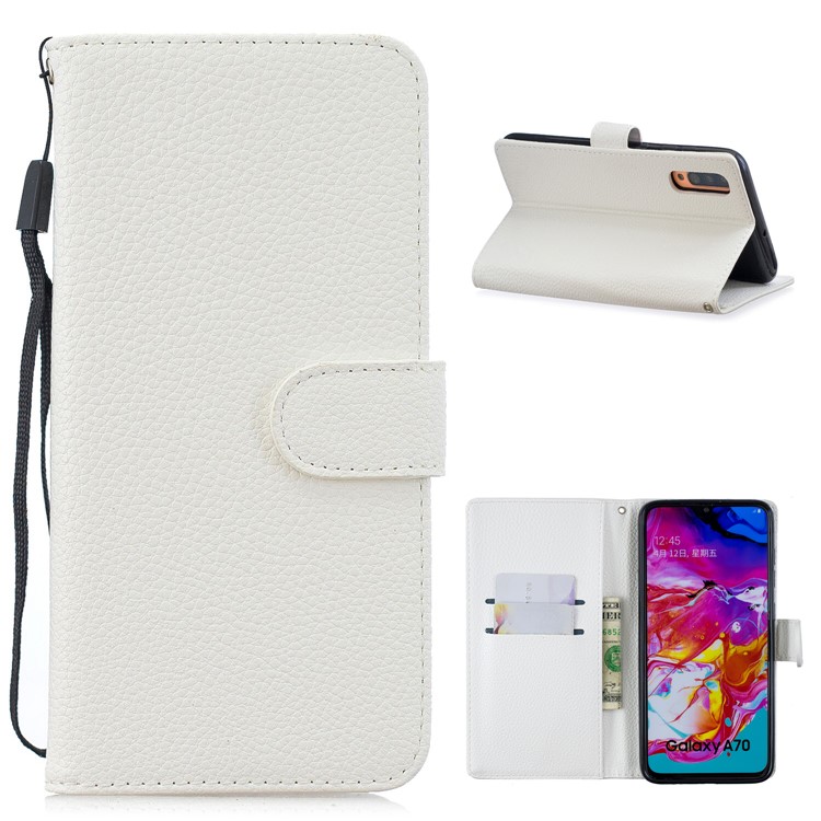 Litchi Skin Wallet Leather Stand Case for Samsung Galaxy A70 - White-1