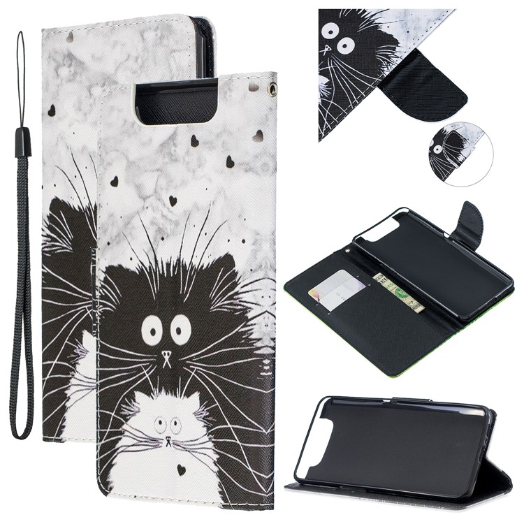 Pattern Printing Leather Wallet Case for Samsung Galaxy A80/A90 - Black and White Cat-1
