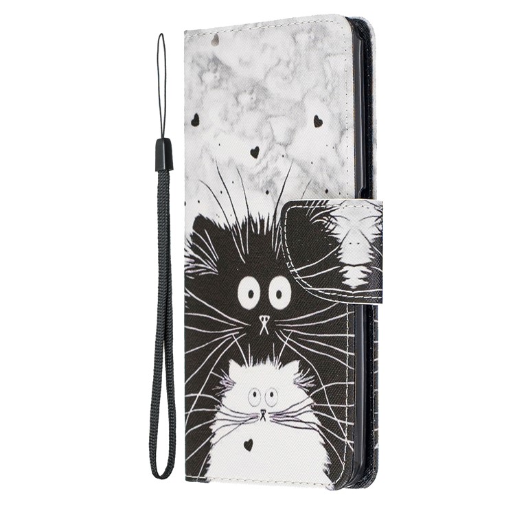 Pattern Printing Leather Wallet Case for Samsung Galaxy A80/A90 - Black and White Cat-4