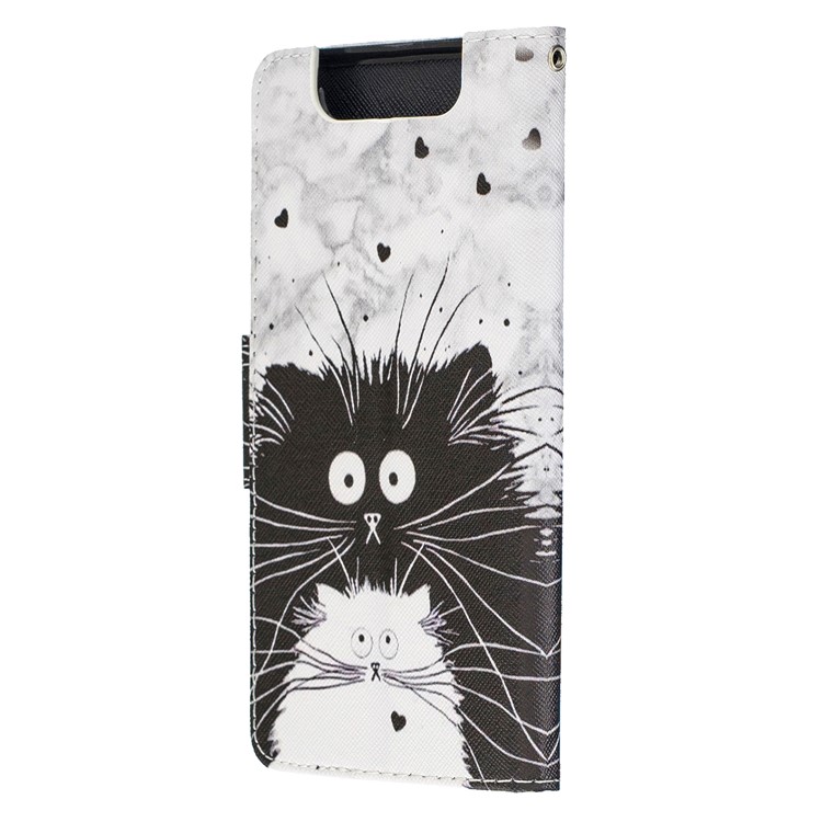 Pattern Printing Leather Wallet Case for Samsung Galaxy A80/A90 - Black and White Cat-5