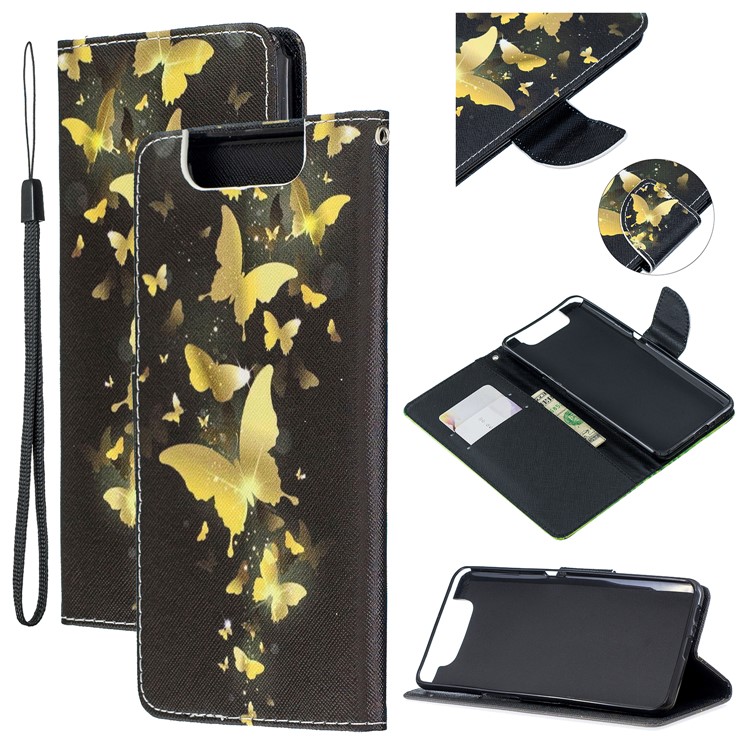Pattern Printing Leather Wallet Case for Samsung Galaxy A80/A90 - Gold Butterflies-1