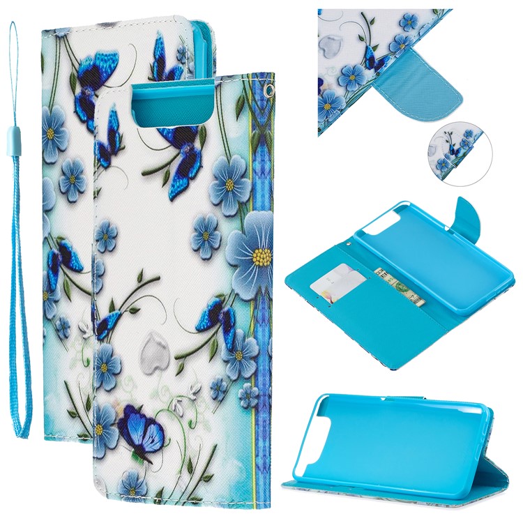 Pattern Printing Leather Wallet Case for Samsung Galaxy A80/A90 - Blue Flower and Butterfly-1