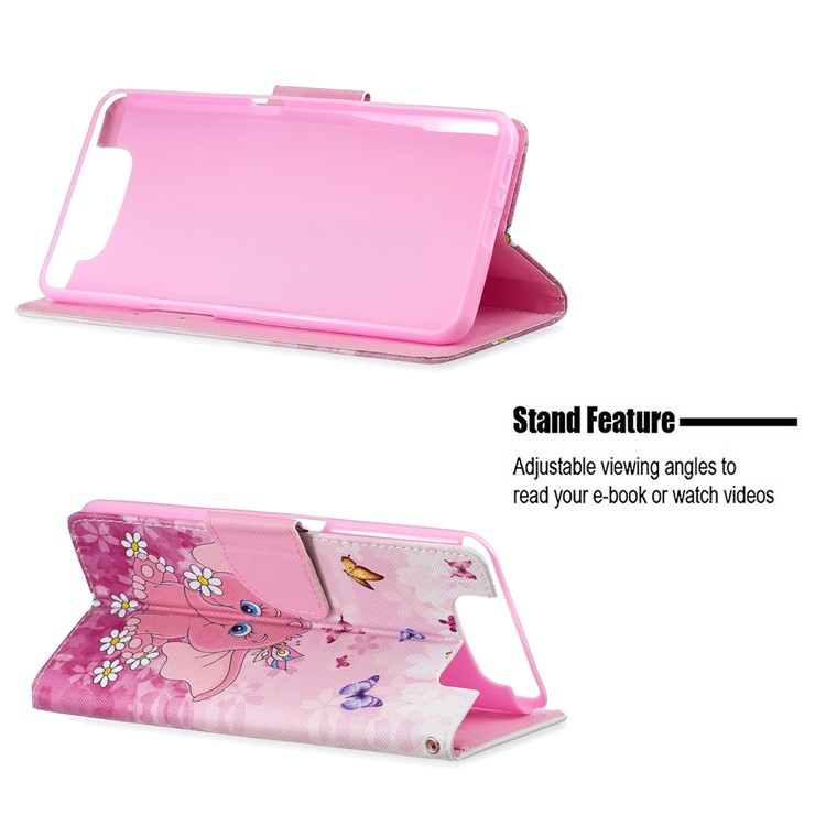 Pattern Printing Leather Wallet Case for Samsung Galaxy A80/A90 - Elephant and Flowers-2