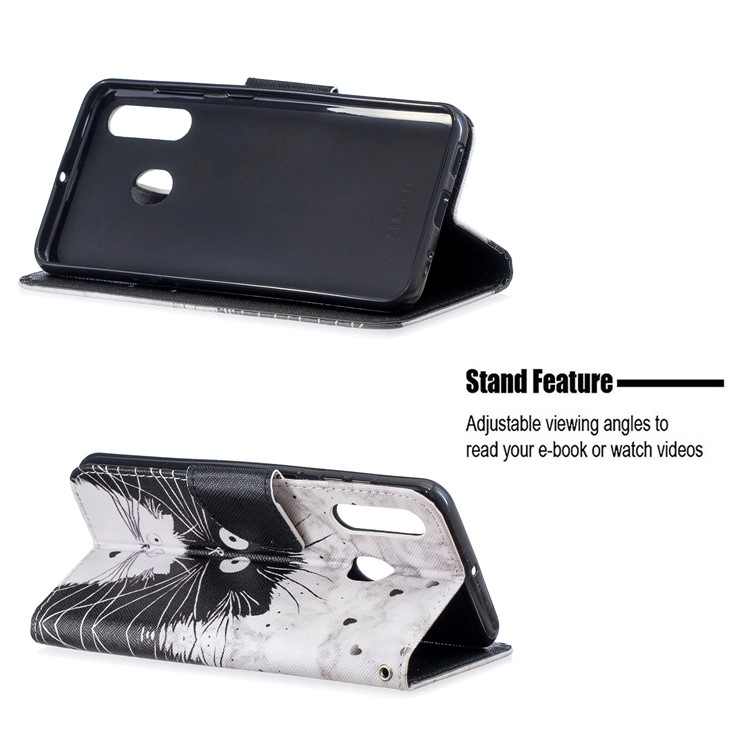 Pattern Printing Leather Wallet Case for Samsung Galaxy A60/M40 - Black and White Cat-6