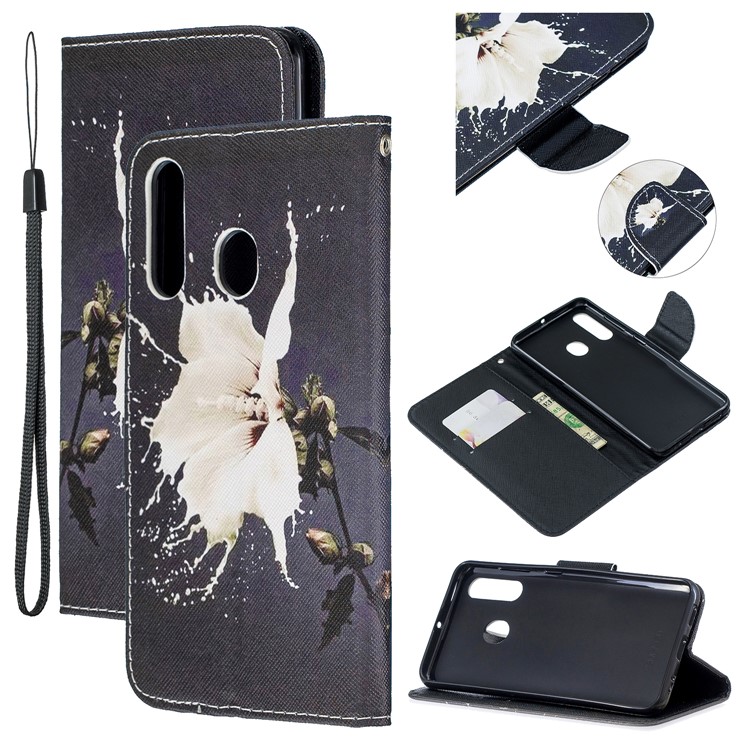 Pattern Printing Leather Wallet Case for Samsung Galaxy A60/M40 - White Flower-1