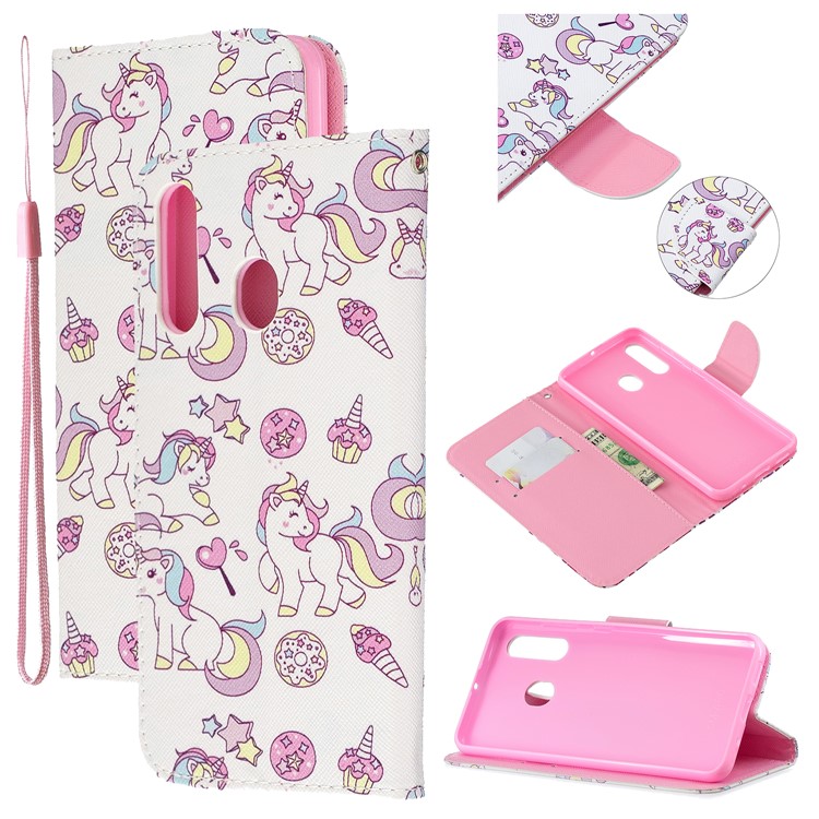 Pattern Printing Leather Wallet Case for Samsung Galaxy A60/M40 - Unicorn and Doughnuts-1