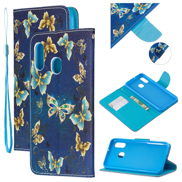 Pattern Printing Wallet Leather Case with Strap for Samsung Galaxy A20e / A10e / A202 / Jean2 - Gold Butterfly-1