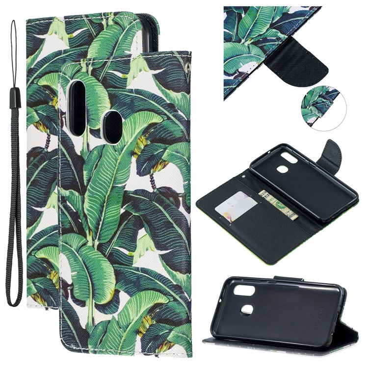 Pattern Printing Wallet Leather Case with Strap for Samsung Galaxy A20e / A10e / A202 / Jean2 - Leaf-1