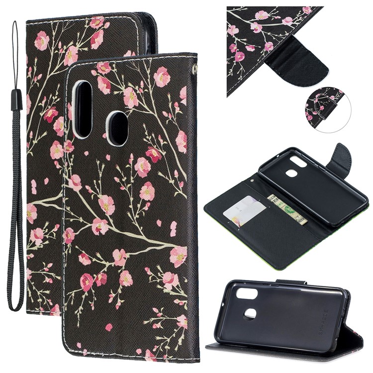 Estuche De Cuero Con Estampado De Patrón Y Correa Para Samsung Galaxy A20e / A10e / A202 / Jean2 - Flor Rosa-1