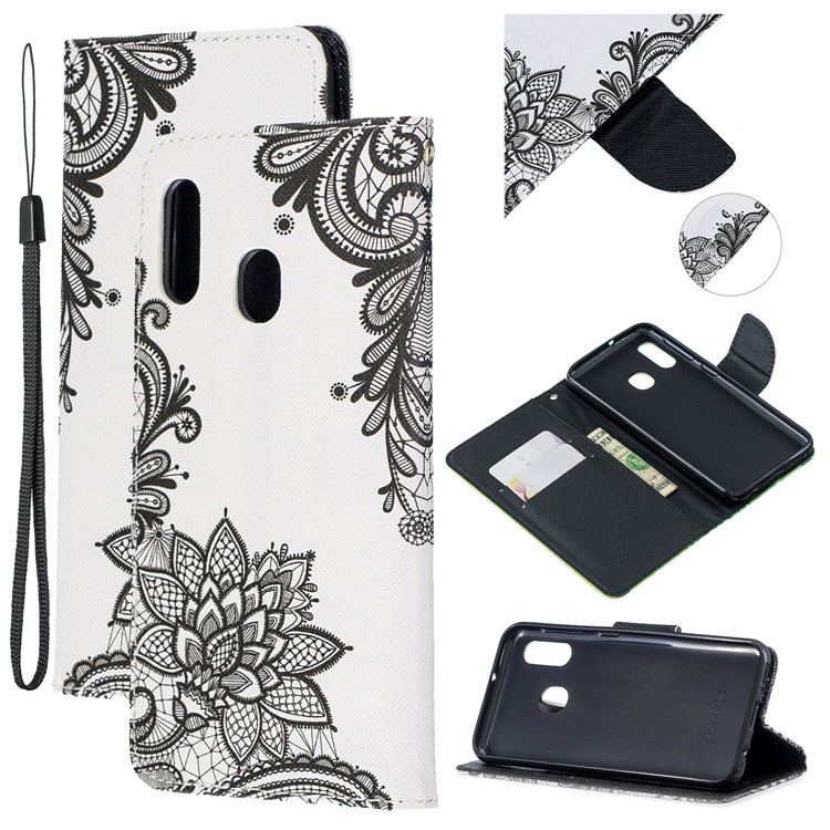 Pattern Printing Wallet Leather Case with Strap for Samsung Galaxy A20e / A10e / A202 / Jean2 - Lace Flower-1