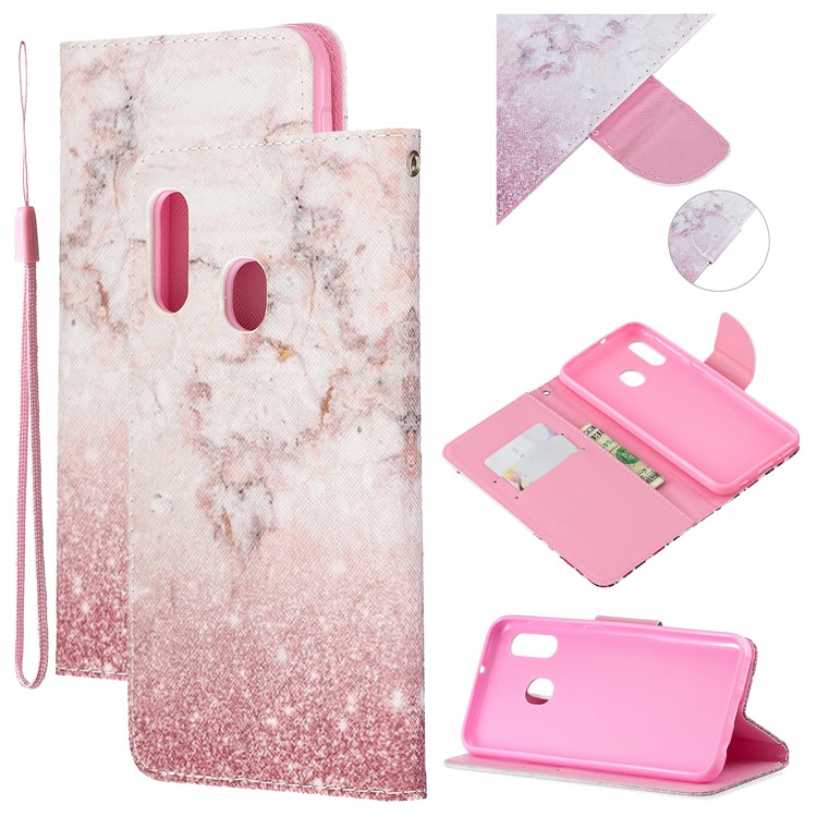Estuche De Cuero Con Estampado De Patrón Y Correa Para Samsung Galaxy A20e / A10e / A202 / Jean2 - Rosado-1