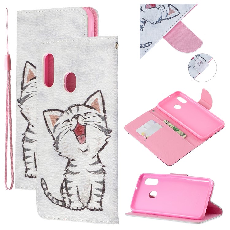 Custodia A Portafoglio In Pelle Stampa Fantasia Con Cinturino Per Samsung Galaxy A20e / A10E / A202 / Jean2 - Gatto-1