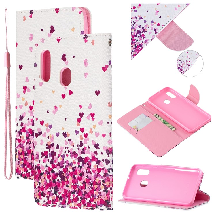 Custodia A Portafoglio In Pelle Stampa Fantasia Con Cinturino Per Samsung Galaxy A20e / A10E / A202 / Jean2 - Cuori-1