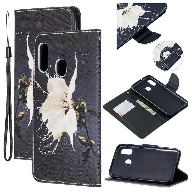 Custodia in Pelle Del Portafoglio da Stampa Modello Con Cinturino Per Samsung Galaxy A20e / A10e / A202 / Jean2 - Fiore Bianco