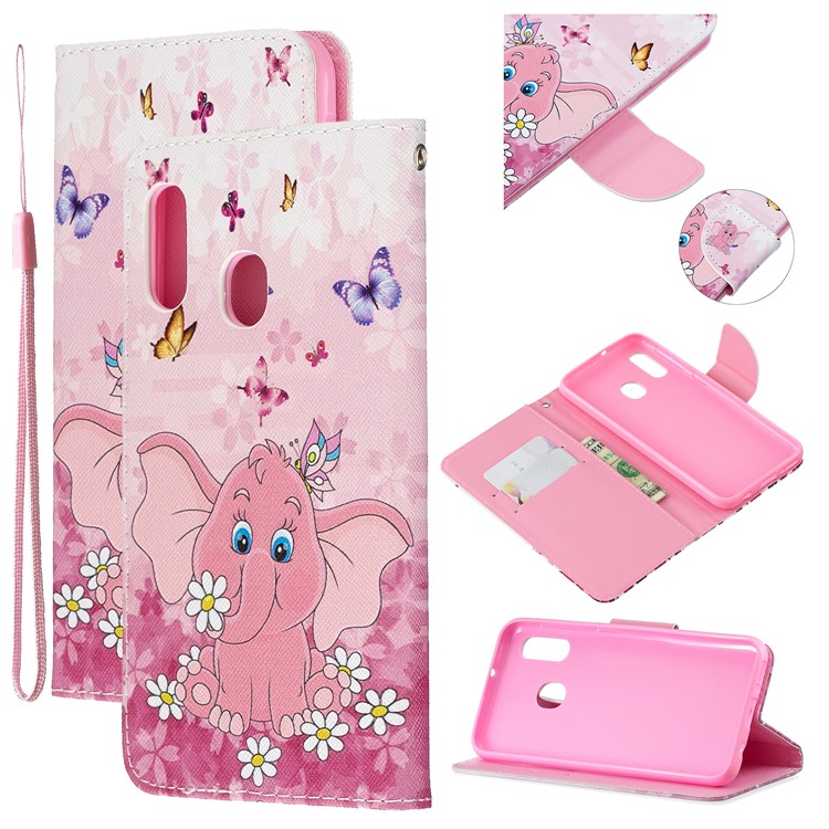 Pattern Printing Wallet Leather Case with Strap for Samsung Galaxy A20e / A10e / A202 / Jean2 - Elephant-1