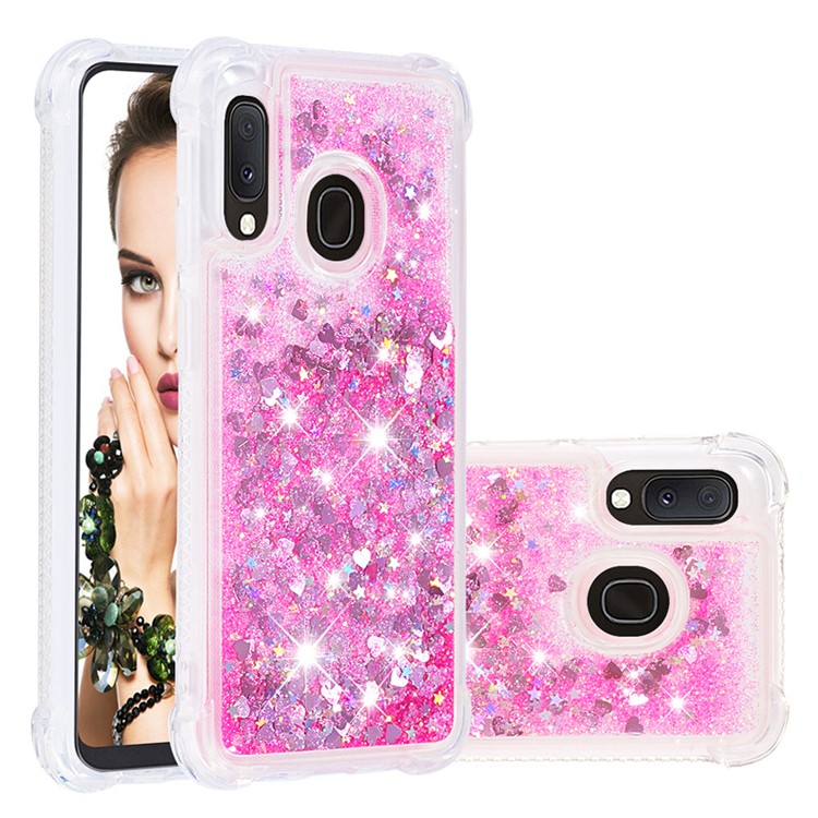 Liquid Glitter Powder Patterned Quicksand Shockproof TPU Back Casing for Samsung Galaxy A20e/A10e - Pink Love Hearts-1