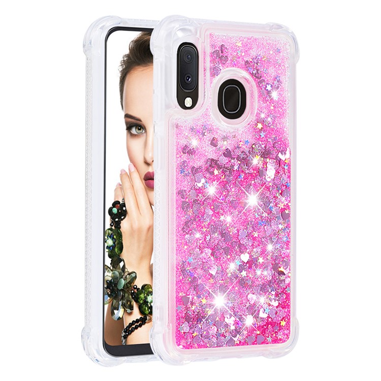 Liquid Glitter Powder Patterned Quicksand Shockproof TPU Back Casing for Samsung Galaxy A20e/A10e - Pink Love Hearts-3