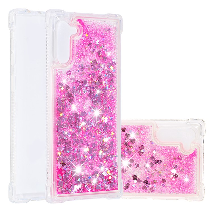 Liquid Glitter Powder Patterned Quicksand Shockproof TPU Back Casing for Samsung Galaxy Note 10 - Pink Love Hearts-1