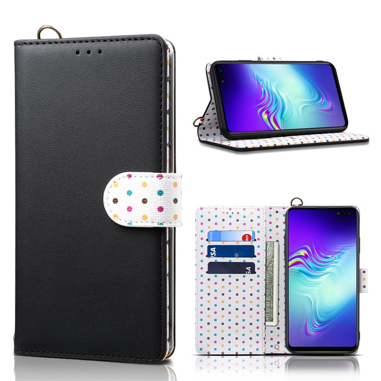 Retro Dots Leather Phone Shell with Strap for Samsung Galaxy S10 5G - Black-1