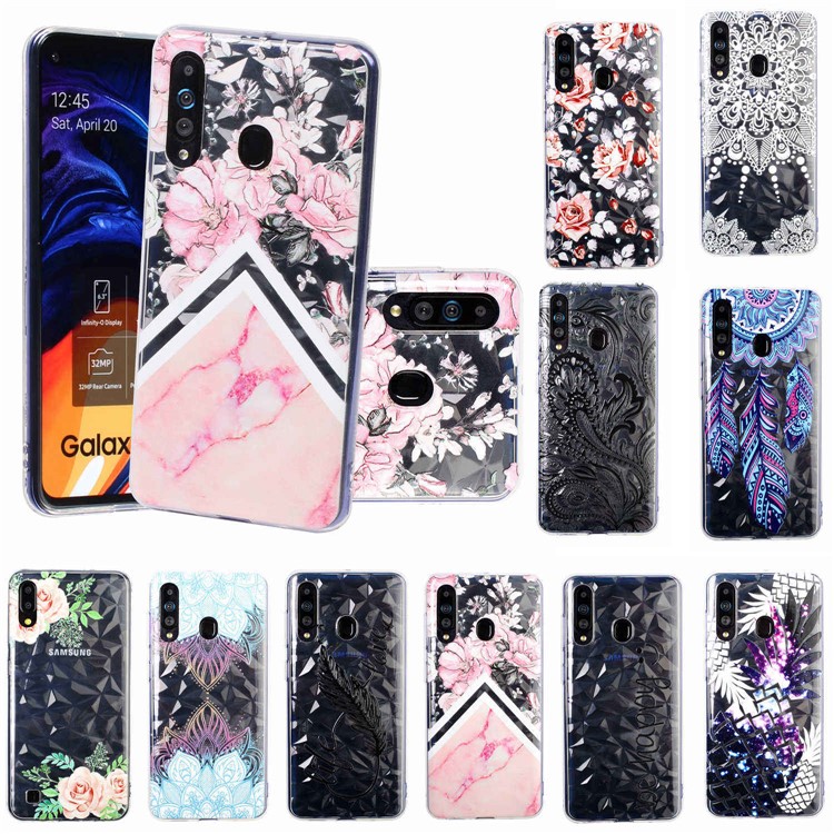 Рельефный Рисунок 3D Алмаз Текстуры ТПУ Чехол Для Телефона Для Samsung Galaxy A60 / Galaxy M40 - Розовый Цветок И Мраморный Узор-8