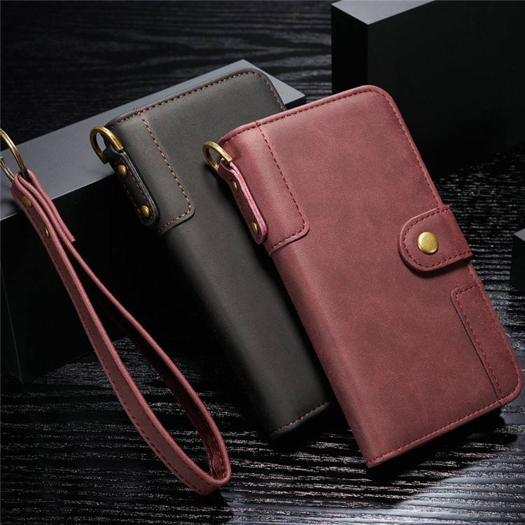 Retro Style PU Leather Wallet Stand Phone Cover with Strap for Samsung Galaxy A50 - Black-9