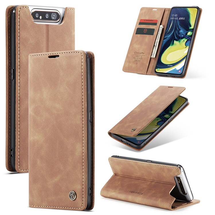 CASEME 013-Serie Auto-absorbierte Business Leder Brieftasche Stand Telefon Shell Für Samsung Galaxy A80 / A90 - Hellbraun