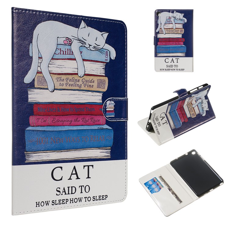 Marble Series Pattern Auto Wake & Sleep Leather Wallet Phone Cover for Samsung Galaxy Tab A 8.0 (2019) with S Pen P200 P205 - Cat and Books-1
