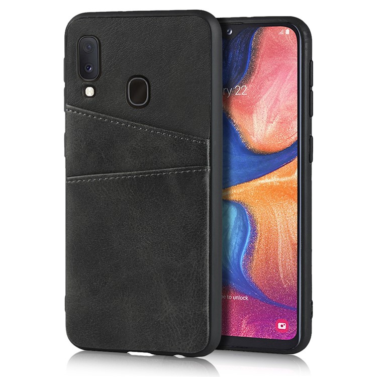 Mobile Phone Case Dual Card Slots PU Leather Coated Hard PC Phone Shell for Samsung Galaxy A20e - Black-1