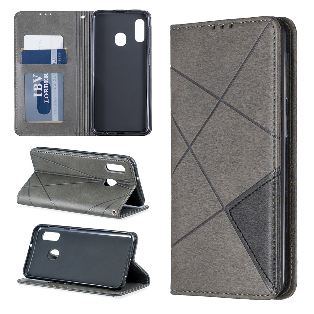 Funda De Cuero Con Ranuras Para Tarjetas De Patrones Geométricos Para Samsung Galaxy A20e / A10e - Gris-1