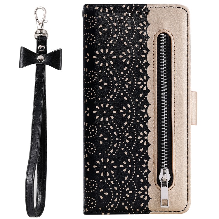 Lace Flower Pattern Zipper Pocket Leather Wallet Phone Cover with Bow Lanyard for Samsung Galaxy A40 - Black-1