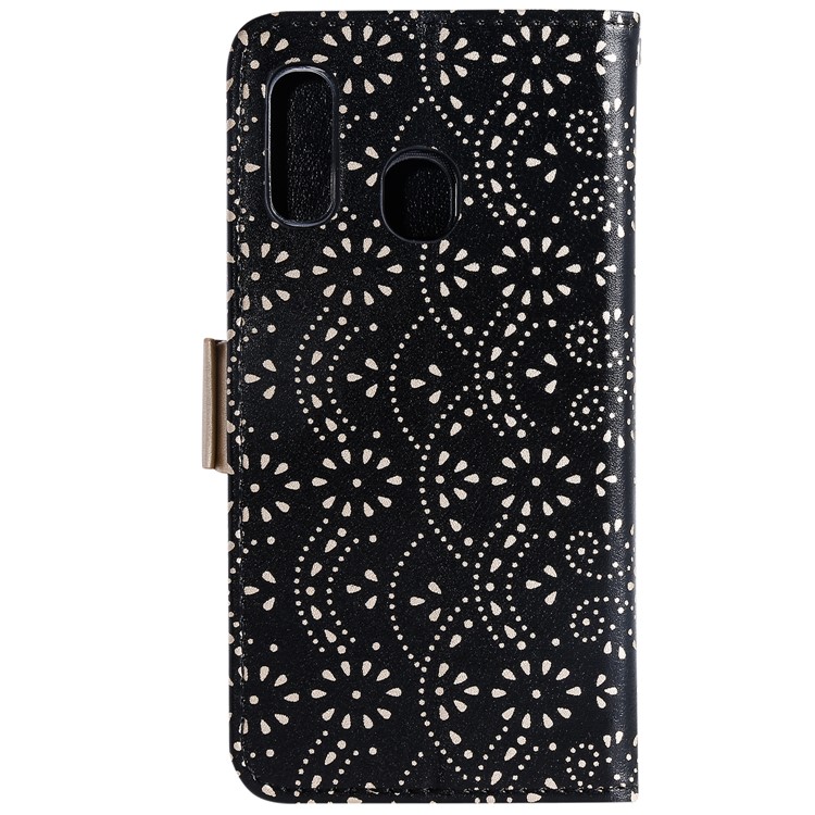 Lace Flower Pattern Zipper Pocket Leather Wallet Phone Cover with Bow Lanyard for Samsung Galaxy A40 - Black-2