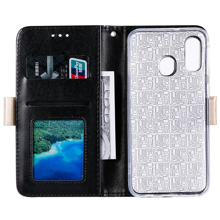 Lace Flower Pattern Zipper Pocket Leather Wallet Phone Cover with Bow Lanyard for Samsung Galaxy A40 - Black-3