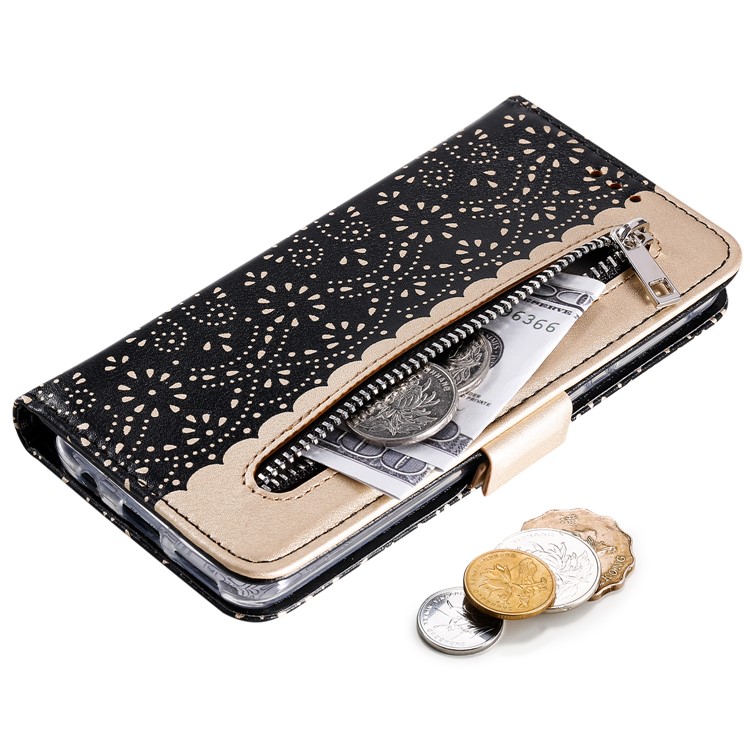 Lace Flower Pattern Zipper Pocket Leather Wallet Phone Cover with Bow Lanyard for Samsung Galaxy A40 - Black-4
