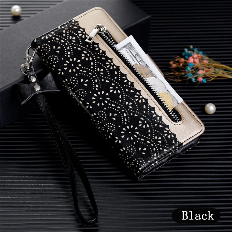 Lace Flower Pattern Zipper Pocket Leather Wallet Phone Cover with Bow Lanyard for Samsung Galaxy A40 - Black-8