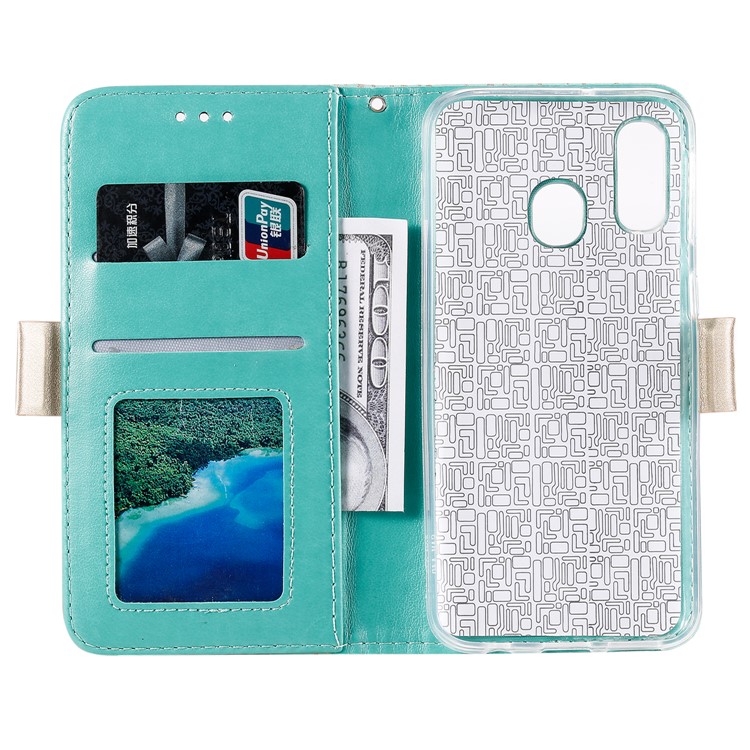 Lace Flower Pattern Zipper Pocket Leather Wallet Phone Cover with Bow Lanyard for Samsung Galaxy A40 - Green-3