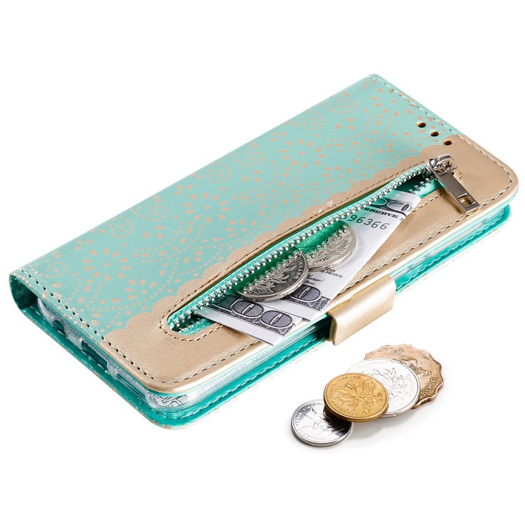 Lace Flower Pattern Zipper Pocket Leather Wallet Phone Cover with Bow Lanyard for Samsung Galaxy A40 - Green-4